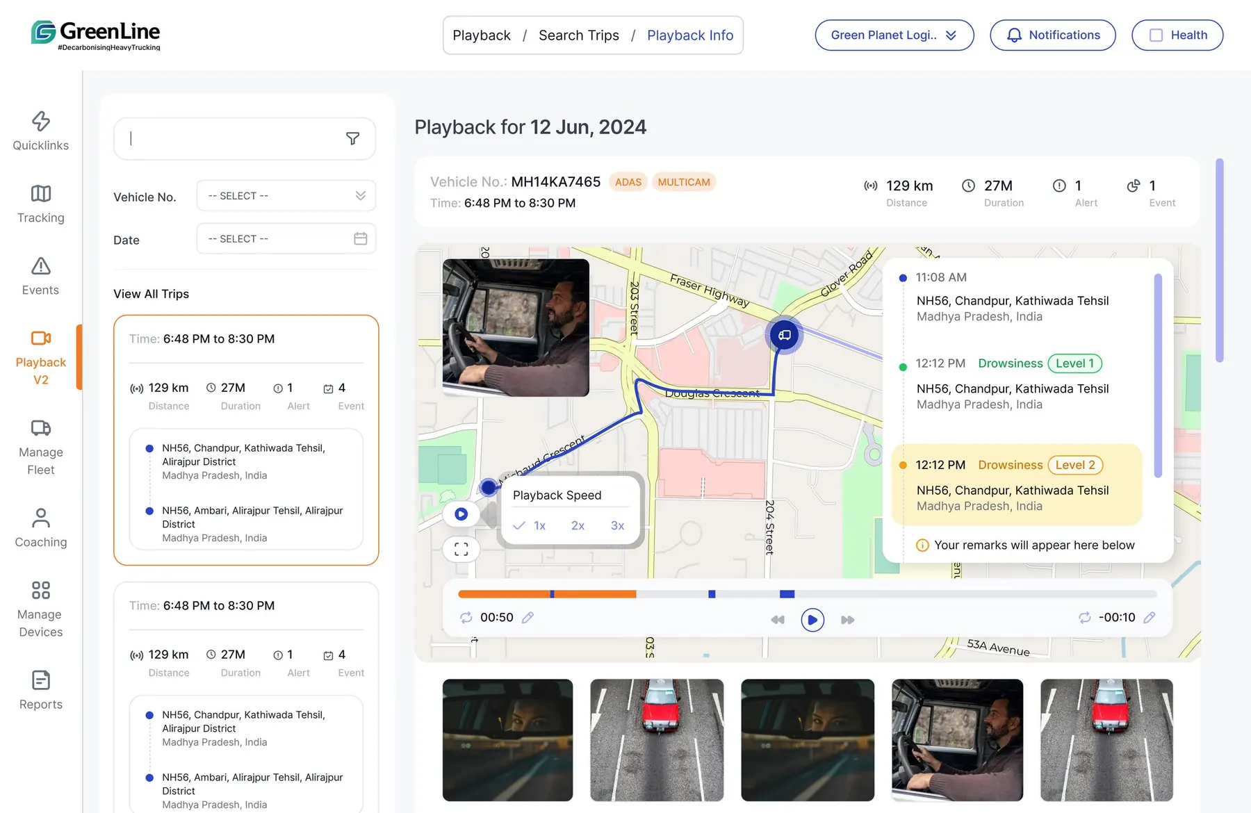 DOPE Playback — trip route, events on the map, synchronized footage